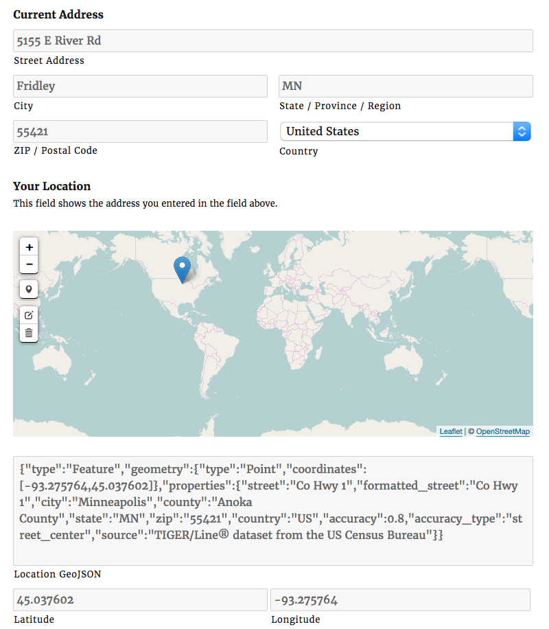 Brilliant Geocoder for Gravity Forms showing all three user view options at once.