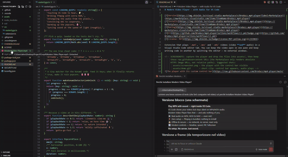 Video, code and AI side by side in VS Code