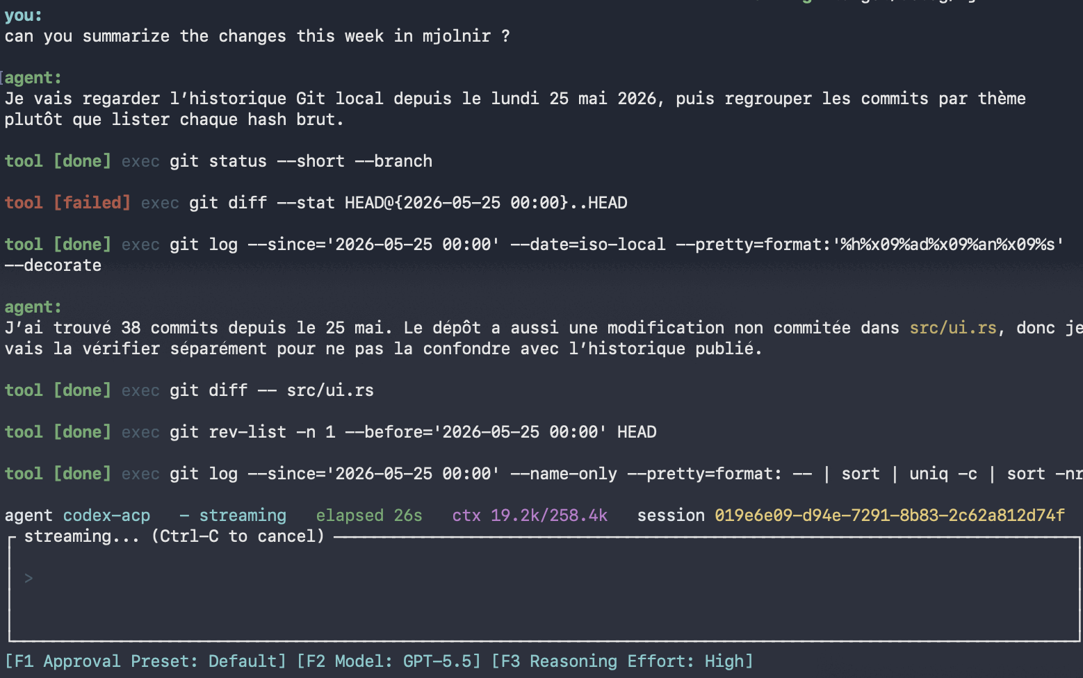 Mjolnir inline chat showing streaming agent output and tool activity