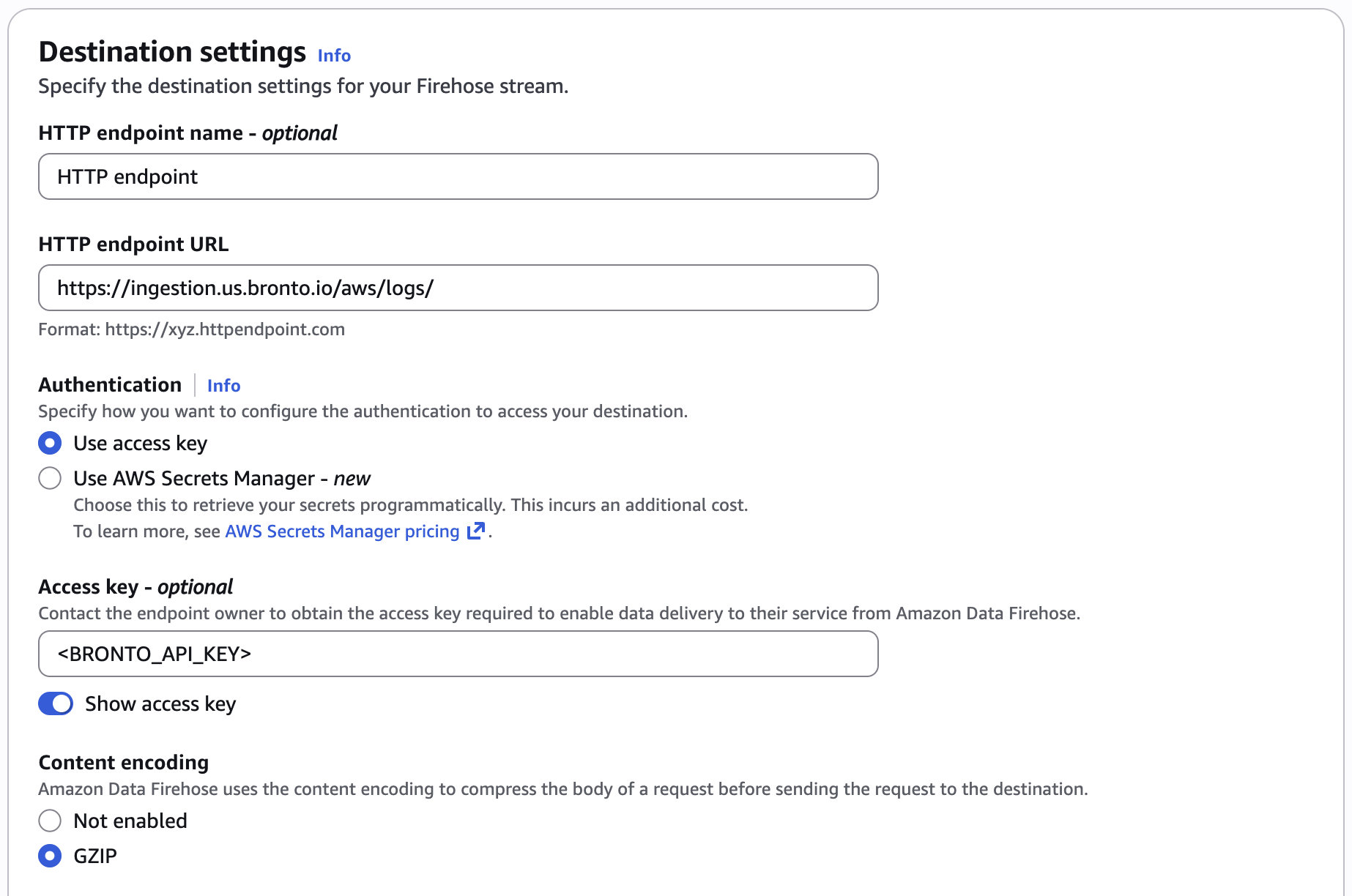 Destination settings: URL, access key, GZIP