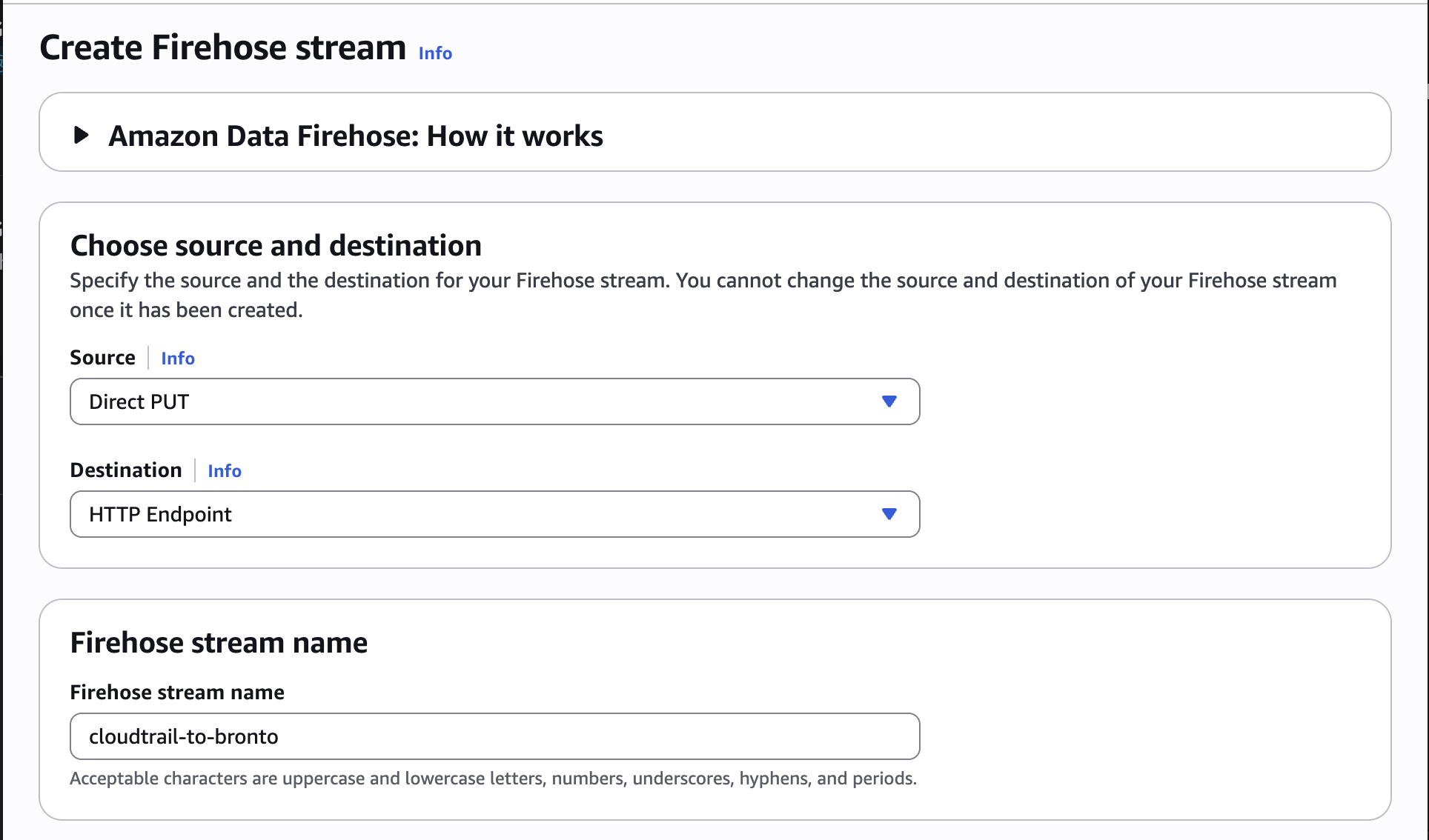 Create Firehose stream — Direct PUT → HTTP Endpoint