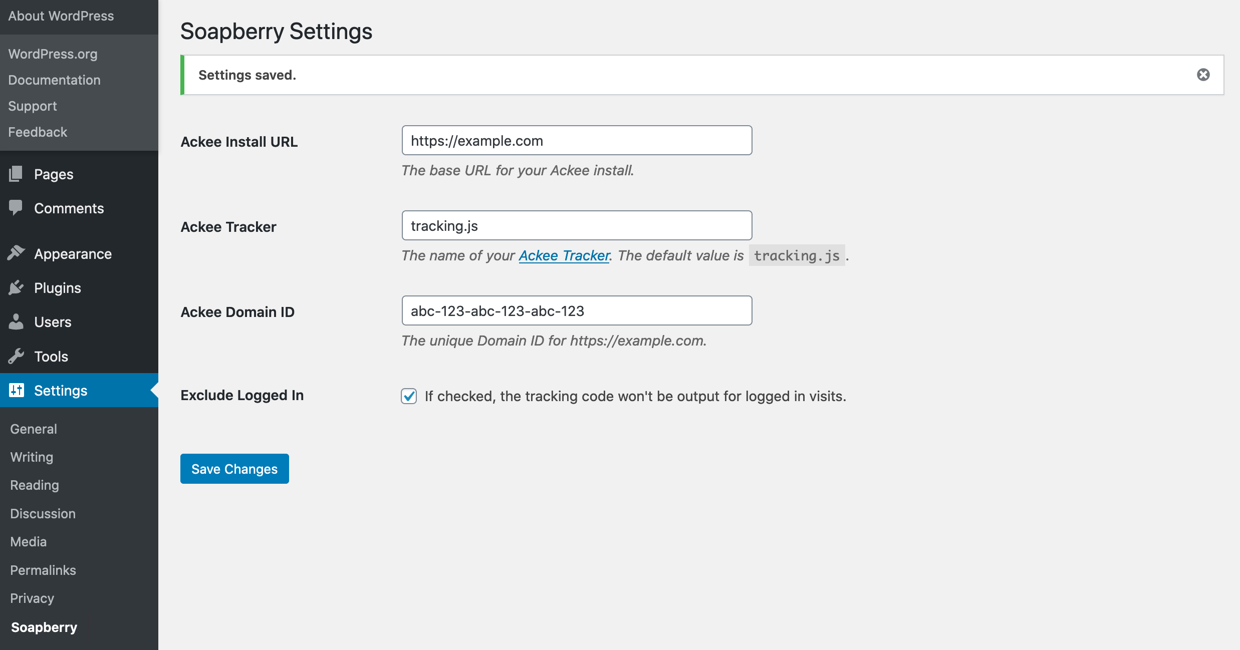 WP Ackee Settings Page in WP-Admin