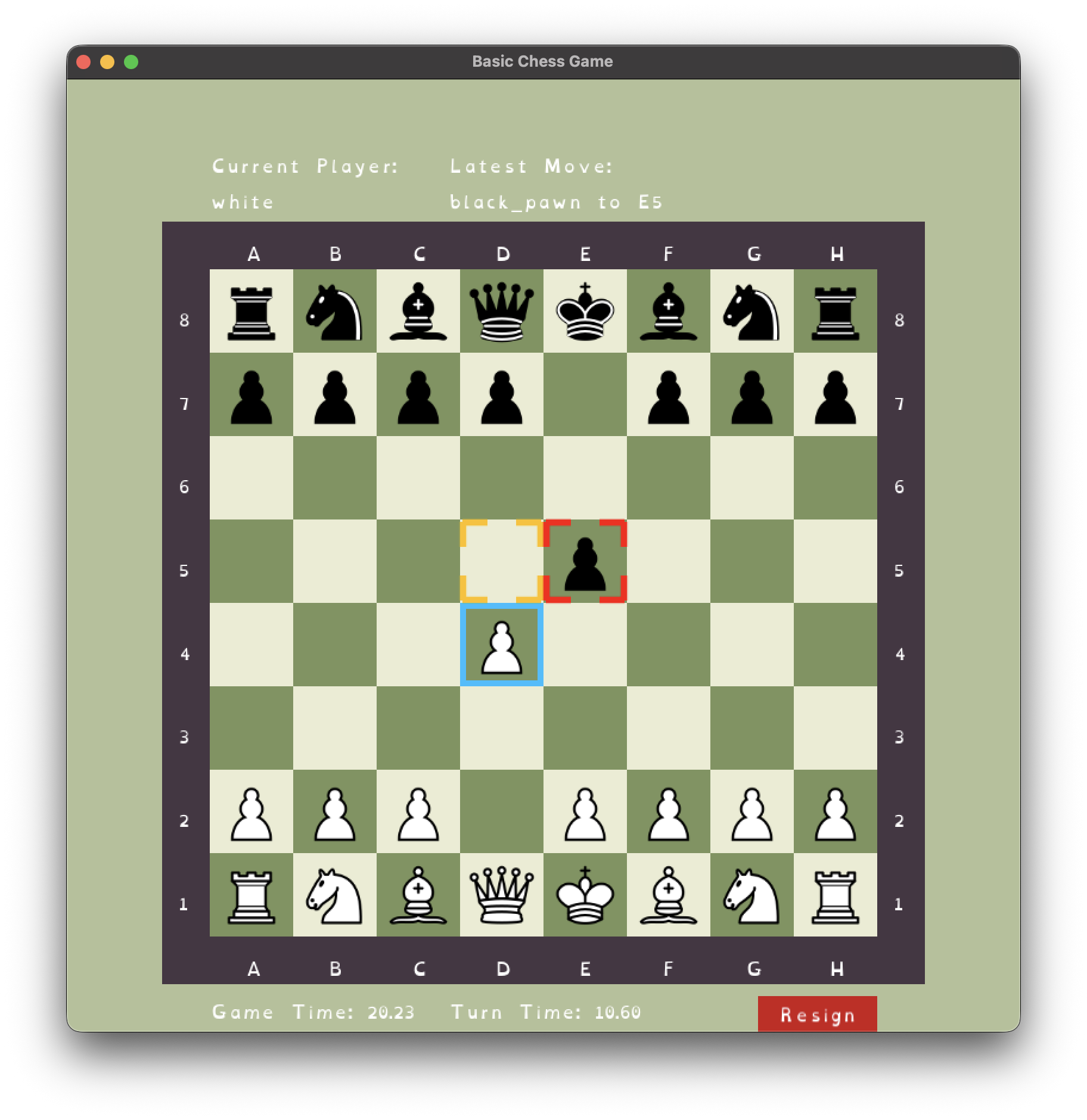 Chess board mid-game showing move notation, dual timers, and piece positions