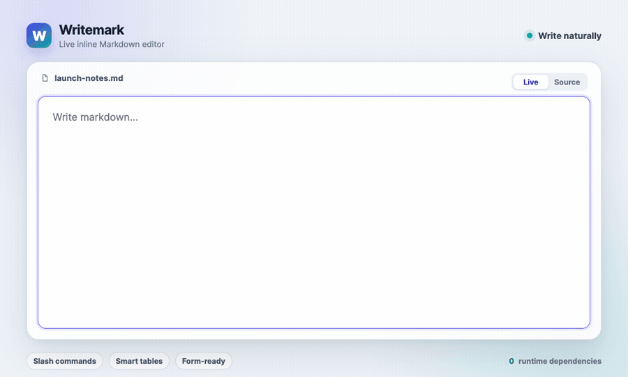 Writemark live inline Markdown editor demo