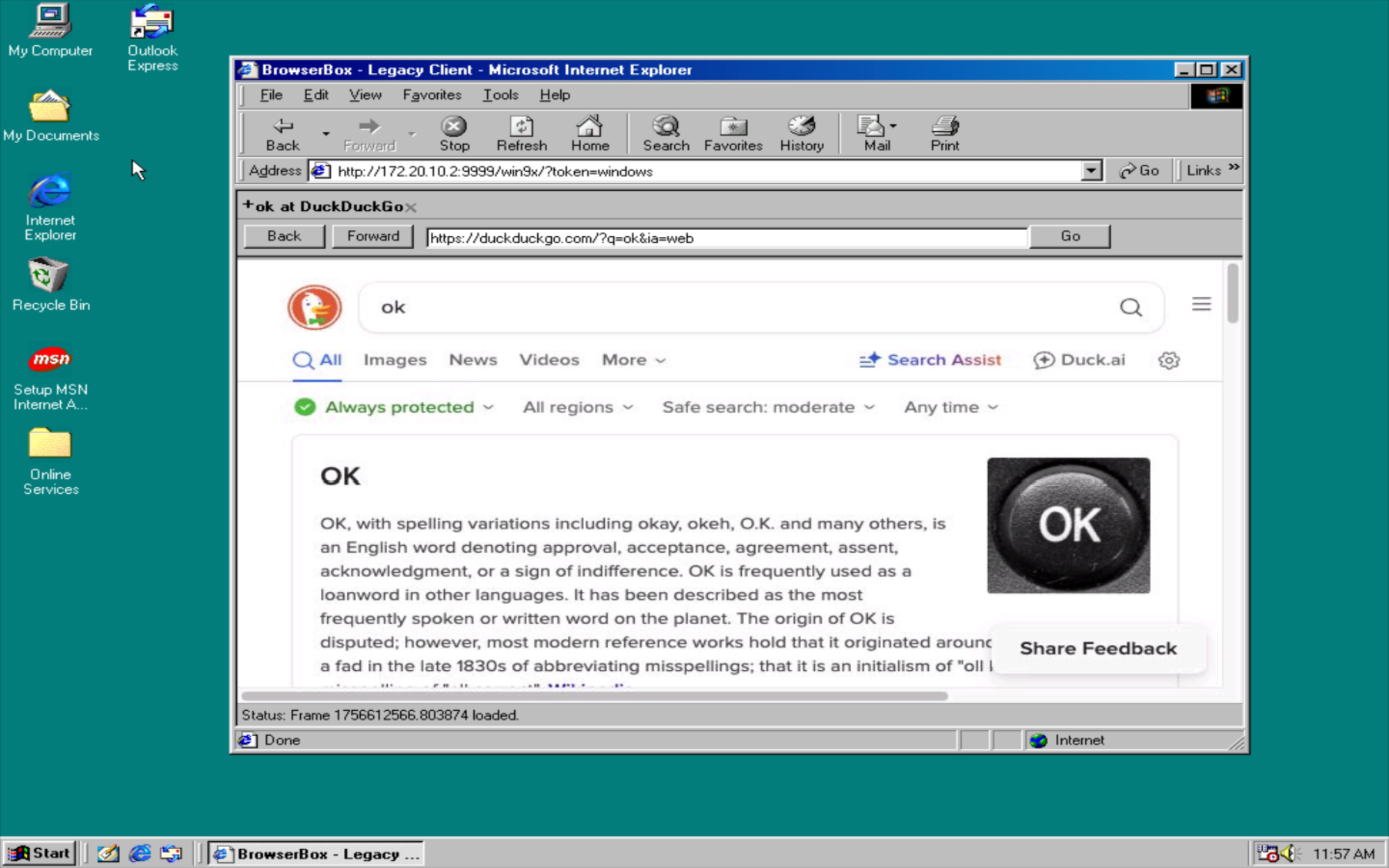 BrowserBox Legacy Client Running in IE 5 in Windows 98
