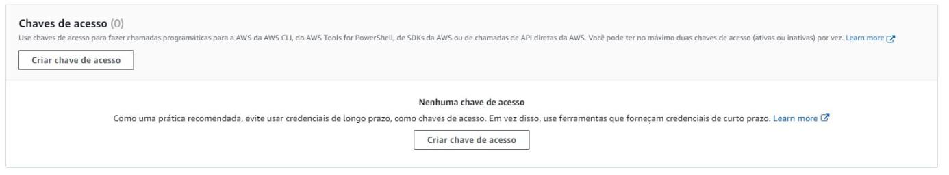 Parte da tela do menu "Credenciais de acesso", mostrando a opção "Chaves de acesso". Abaixo, a informação "Nenhuma chave de acesso" e o botão "criar chave de acesso".