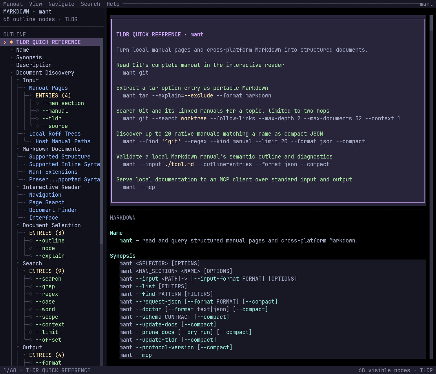 ManT reading its own Markdown manual with a tldr quick reference and semantic outline