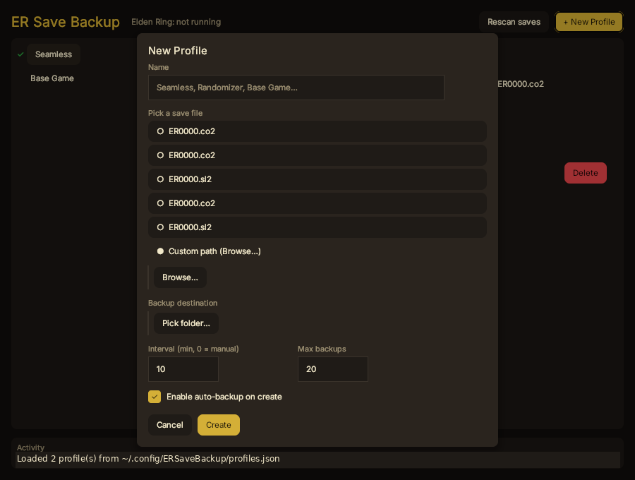 New Profile dialog