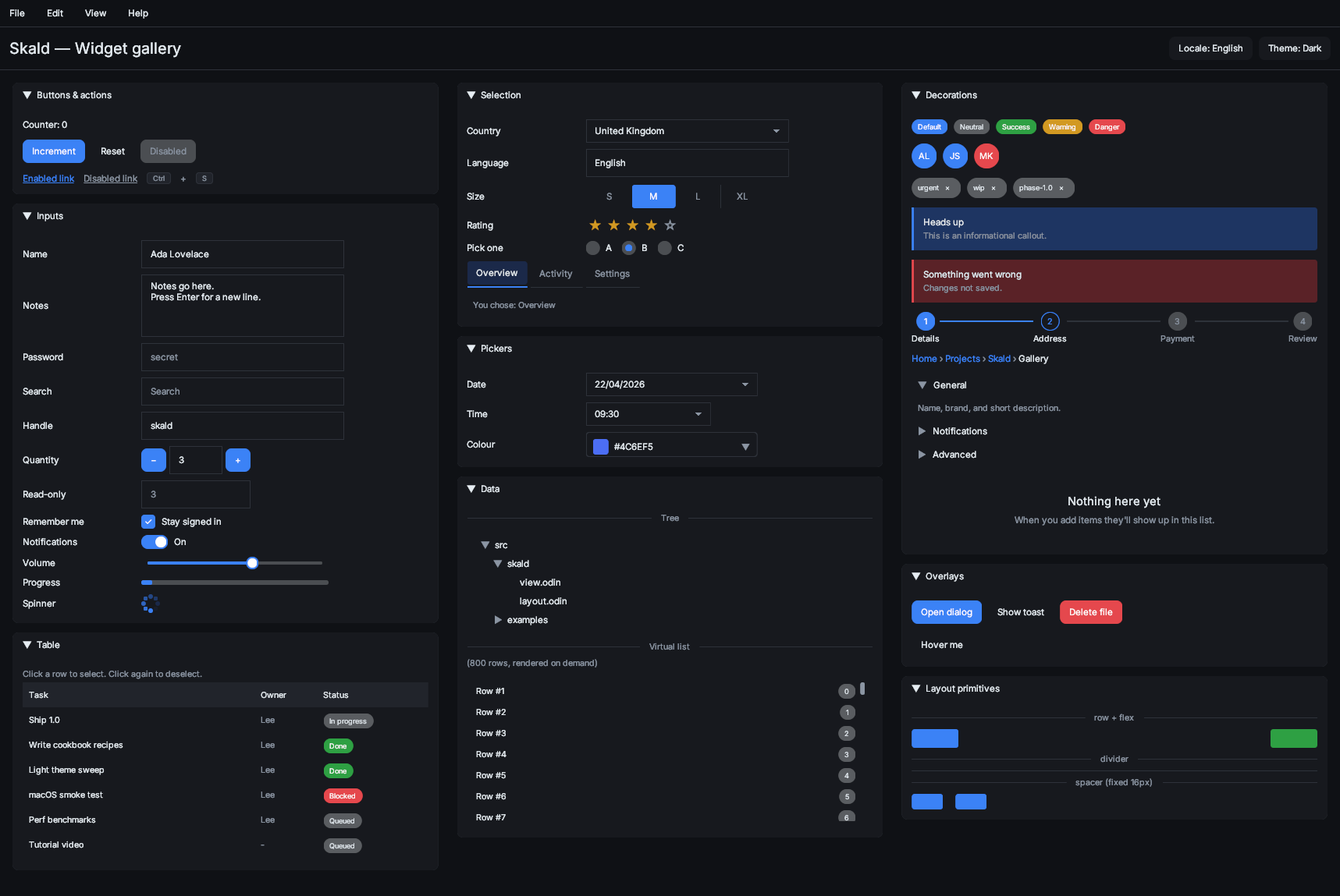 Skald gallery — dark theme