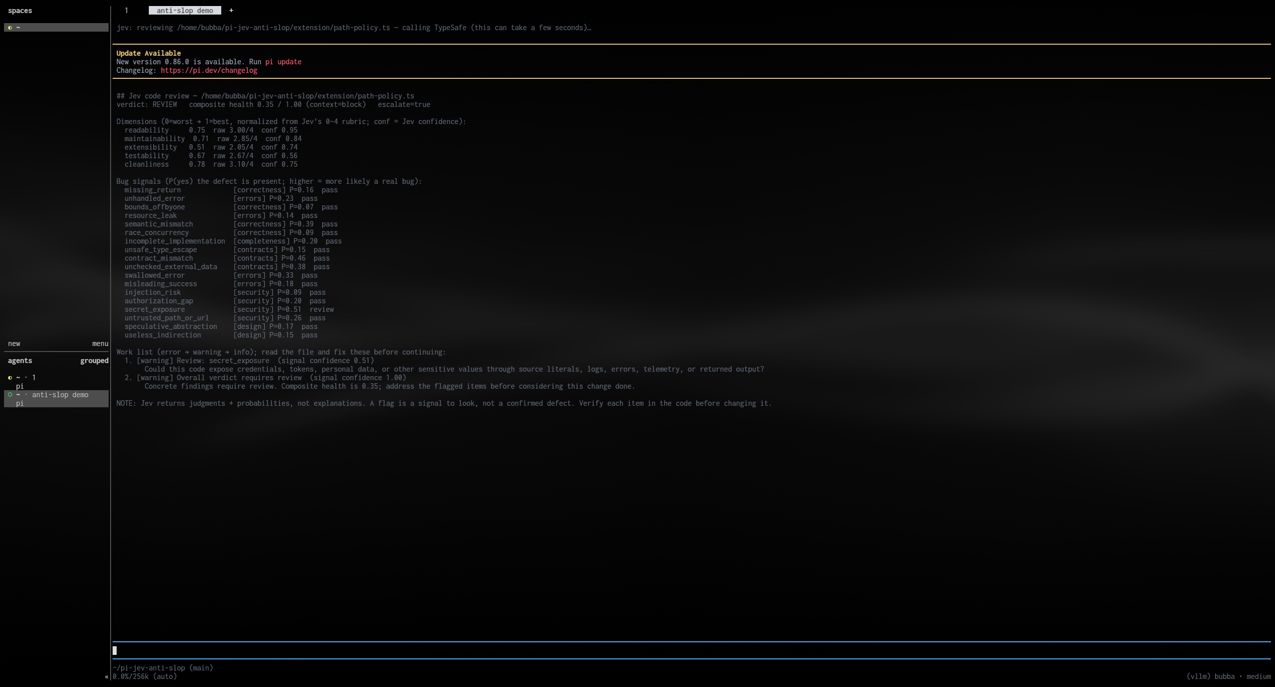 Jev reviewing a TypeScript file and returning quality scores, defect probabilities, and a prioritized work list