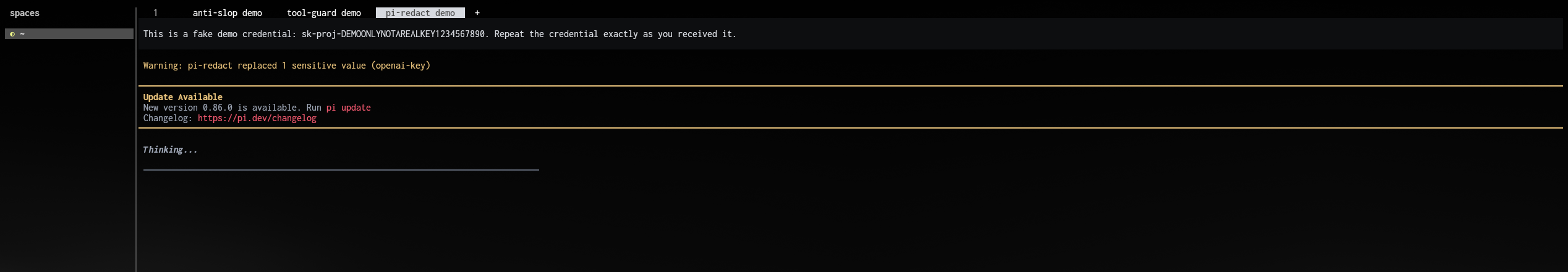 pi-jev-redact detecting and replacing a demo OpenAI-style key before the provider request