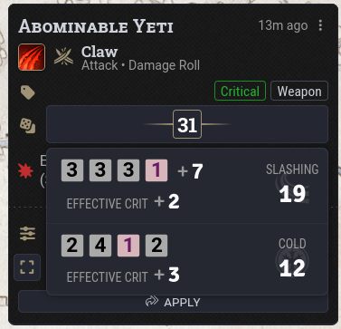 A screenshot showing how Effective Critical Hits modifes damage rolls.