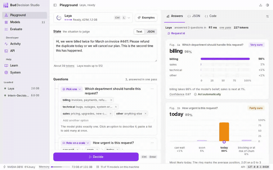 Bud Decision Studio: choosing an example, pressing Decide, and reading every answer as a chart