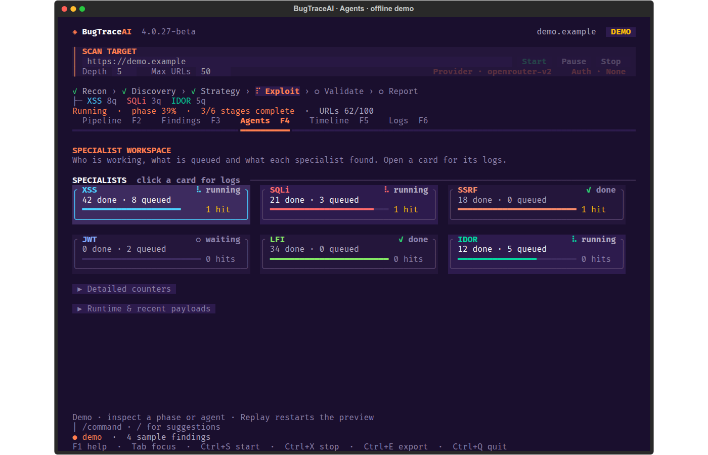 BugTraceAI Agents tab with specialist cards, queues and processed counts