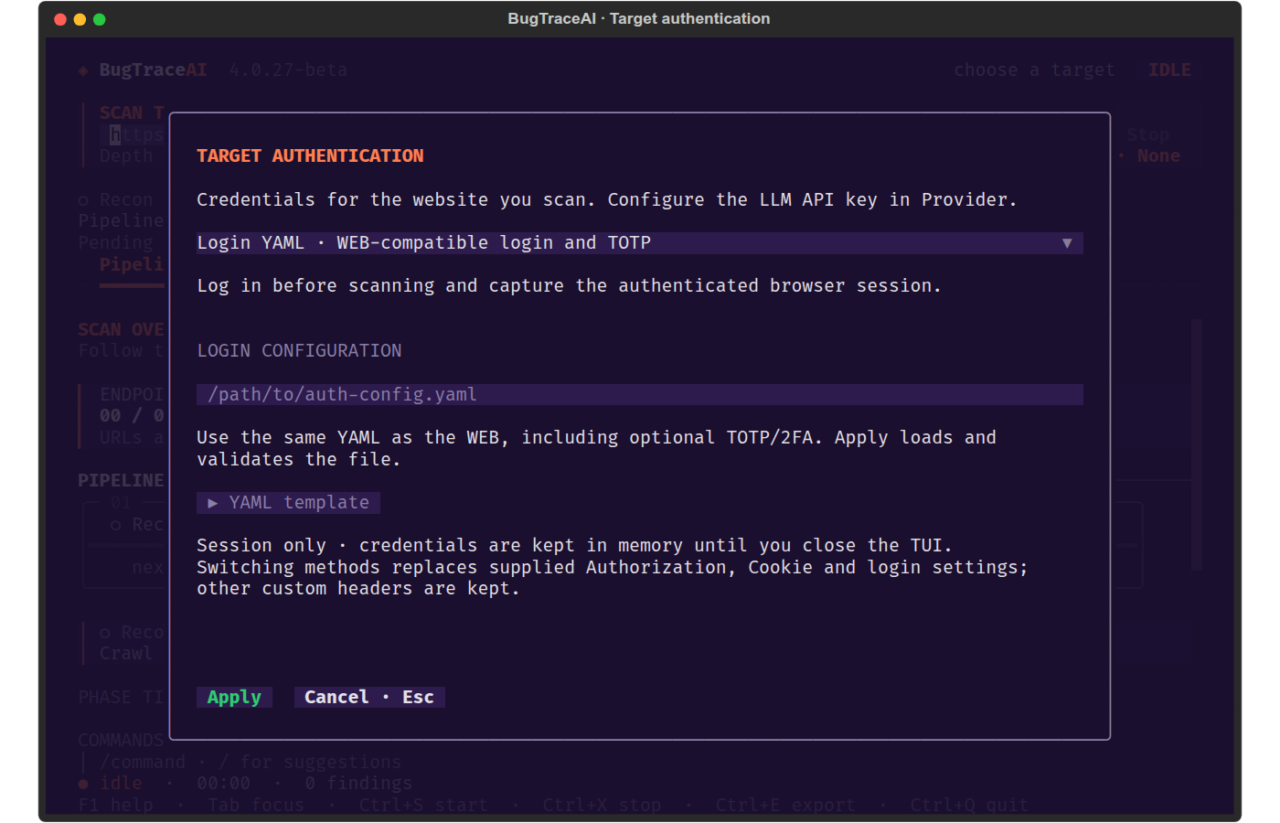 BugTraceAI target authentication dialog with WEB-compatible login YAML