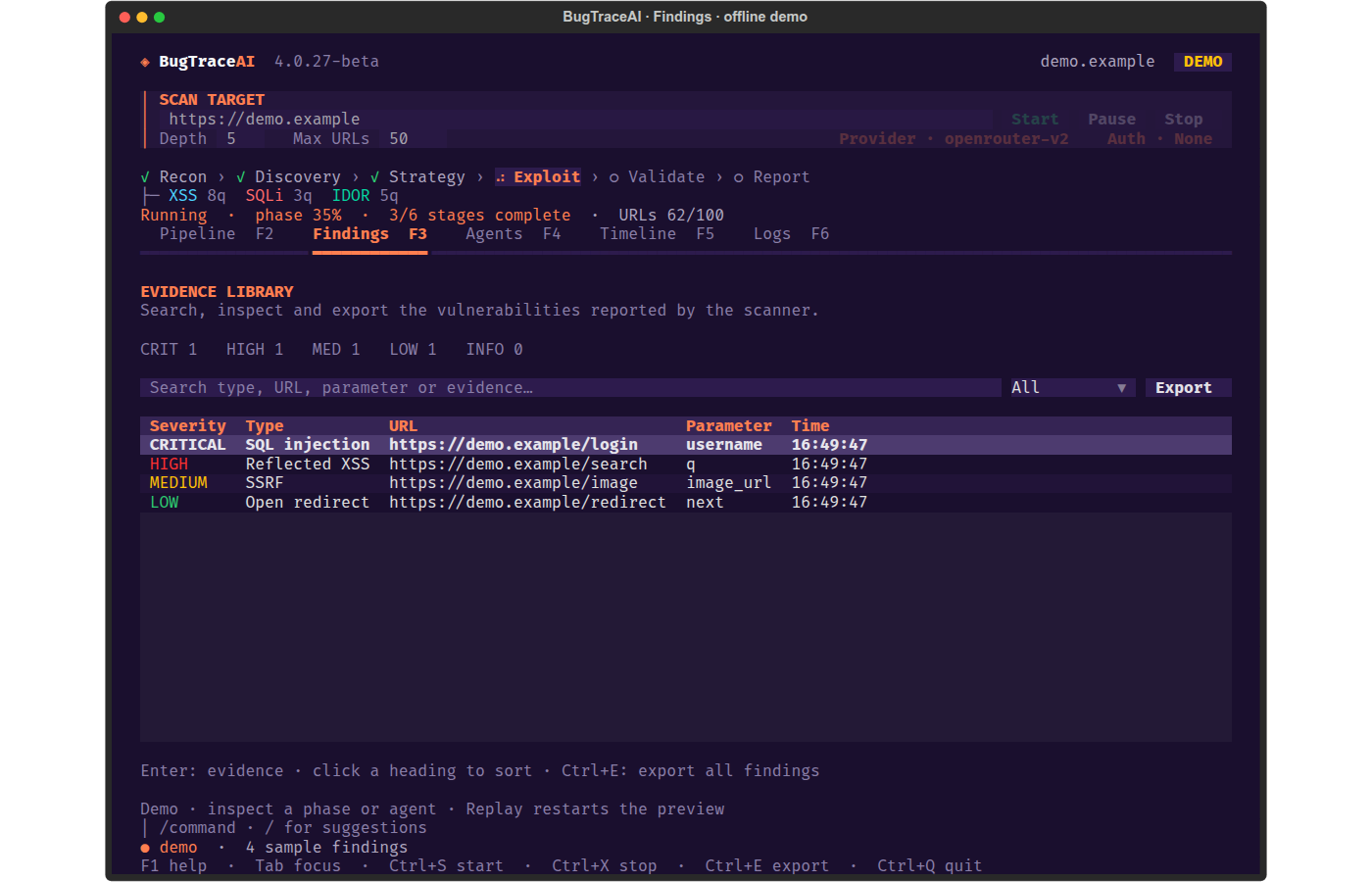 BugTraceAI Findings tab with searchable offline sample findings