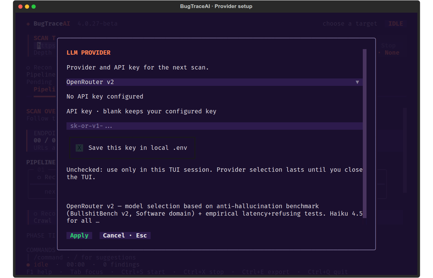 BugTraceAI provider setup with an empty masked API-key field