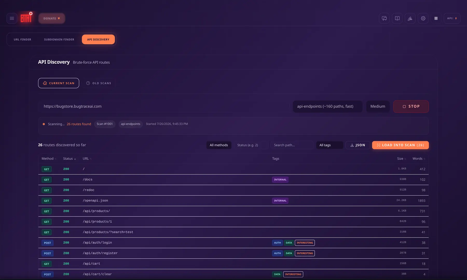 BugTraceAI WEB API discovery workspace