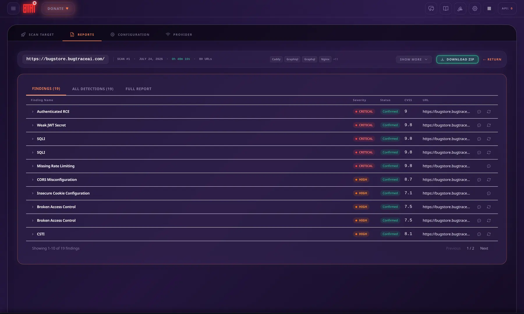 BugTraceAI WEB findings explorer displaying a practice-target report