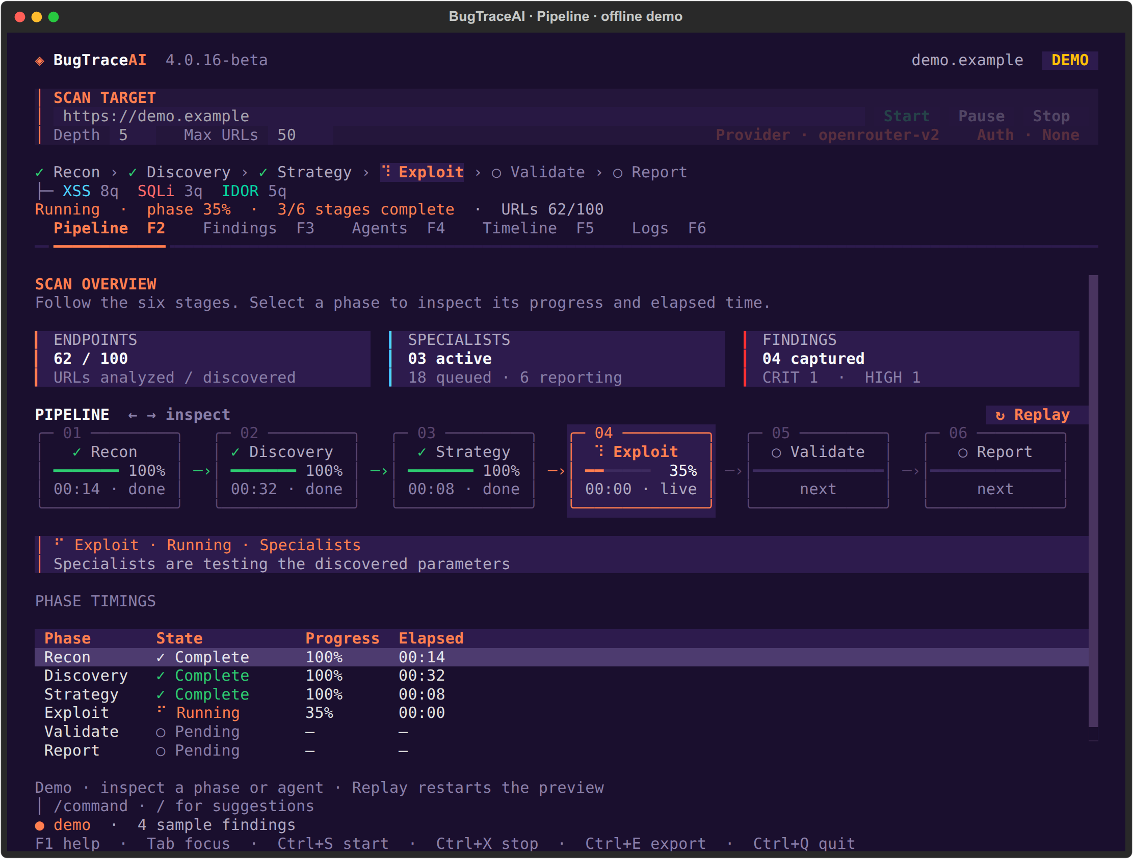 BugTraceAI terminal workspace with Recon, Discovery, Strategy, Exploit, Validate and Report