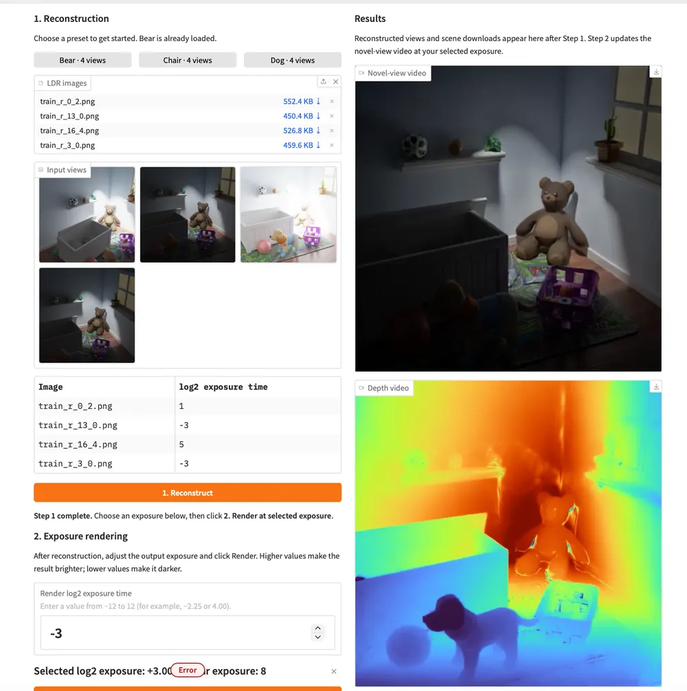 InstantHDR demo interface showing preset inputs, reconstruction results, and exposure rendering controls