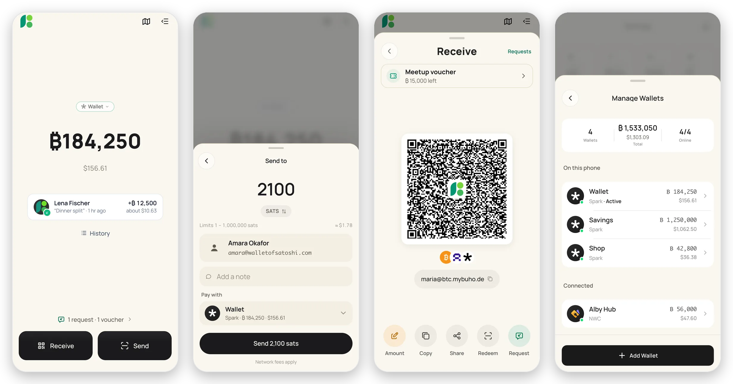 BuhoGO: Home, sending to a contact, Receive with one QR code, and the wallet list