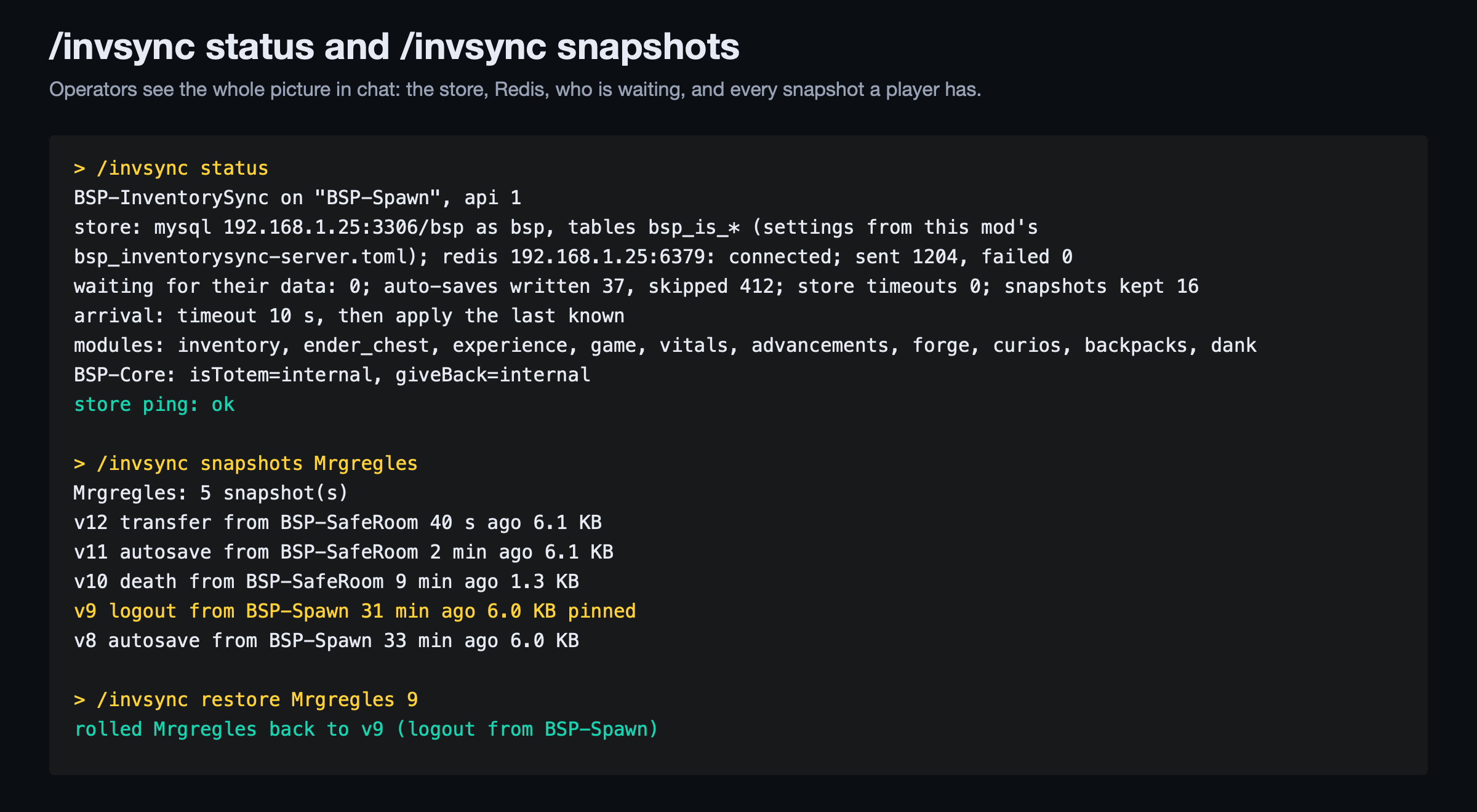 /invsync status and snapshots