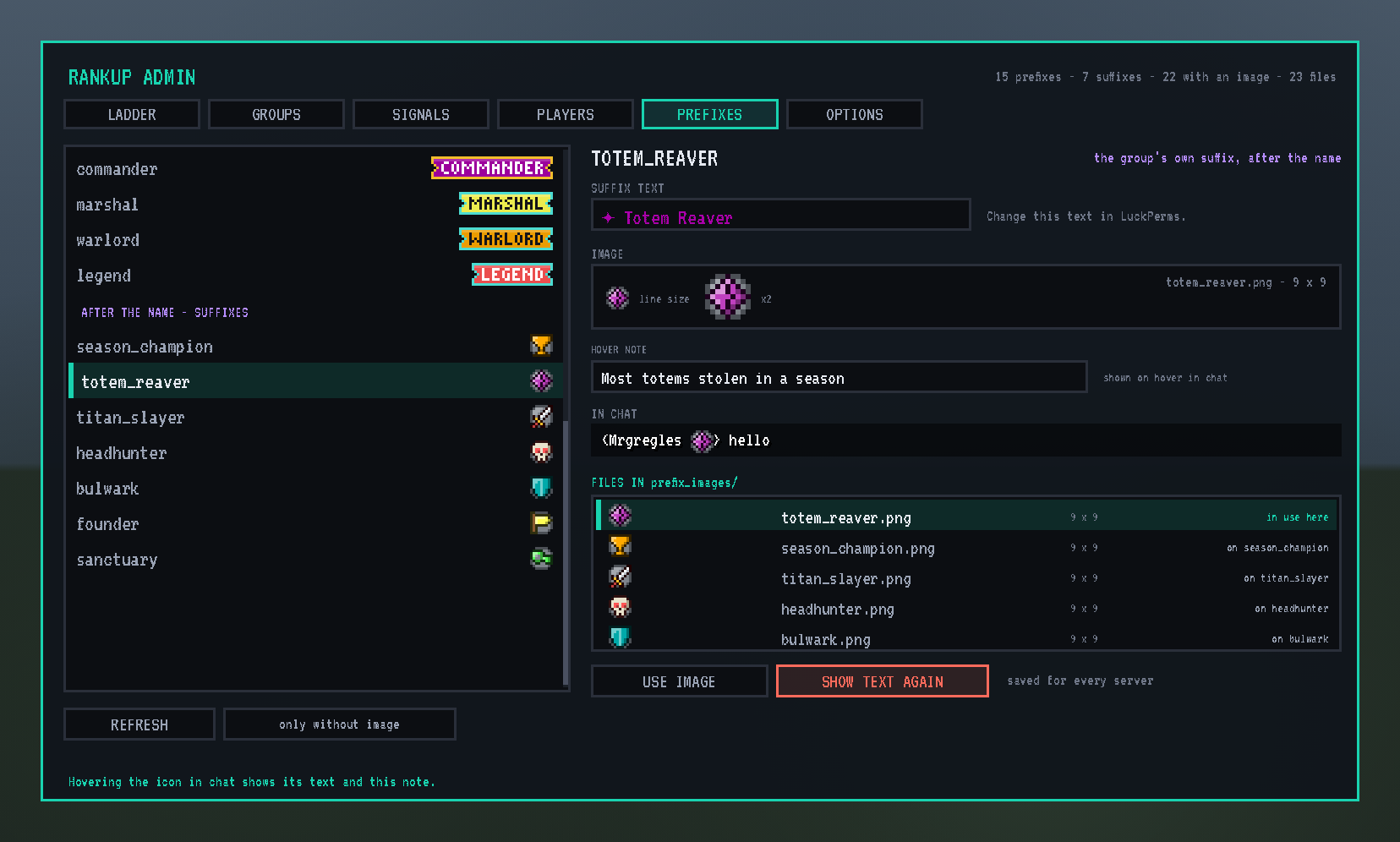 The PREFIXES tab