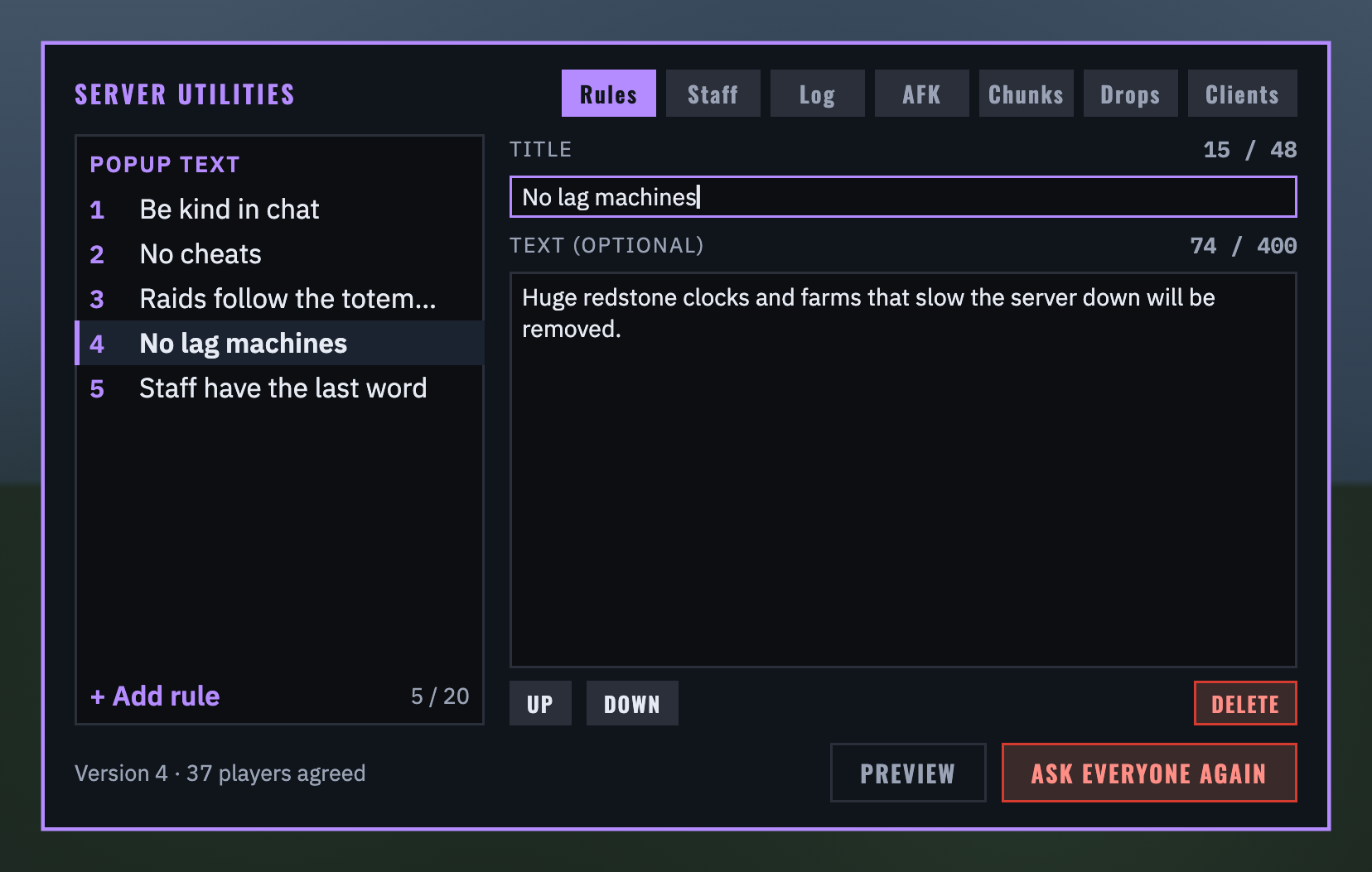 The RULES tab