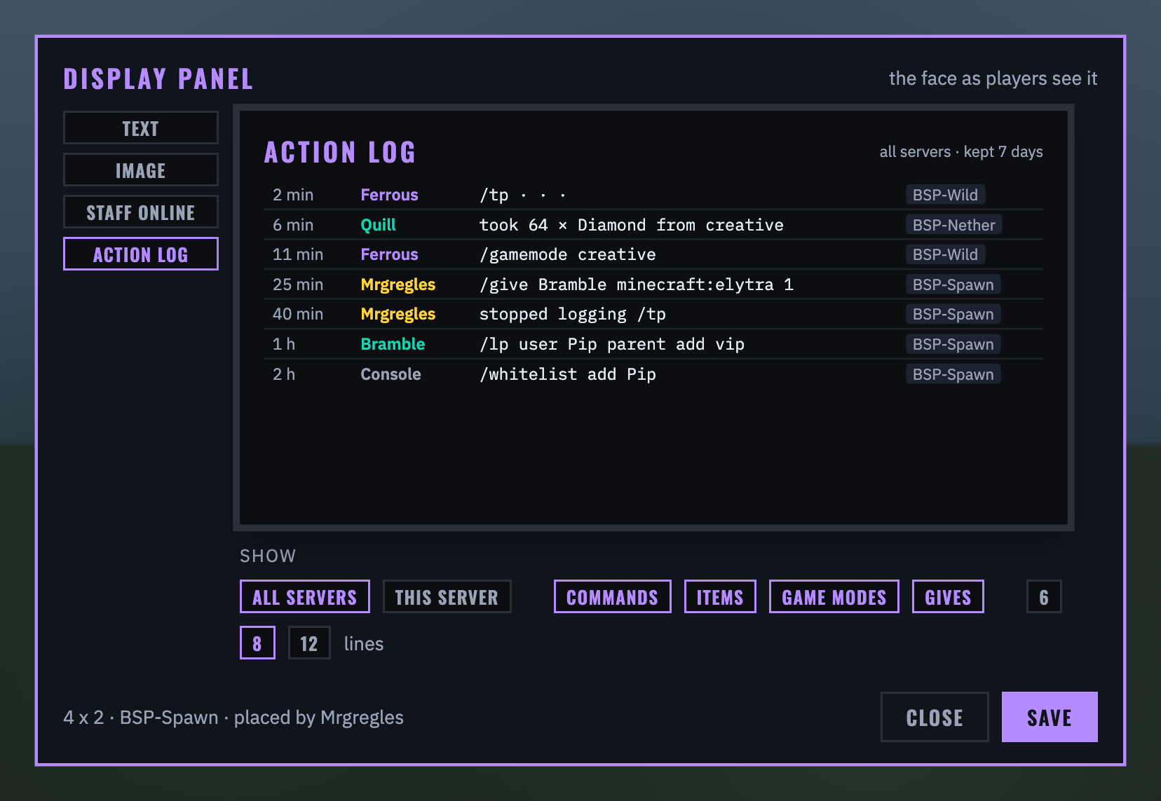 The Action log pane
