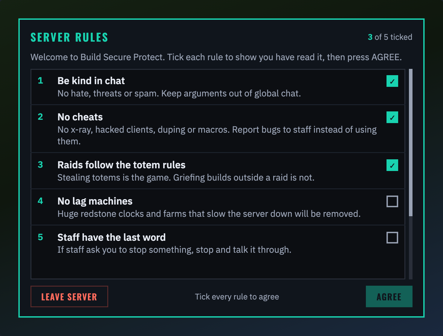 The rules popup at first join