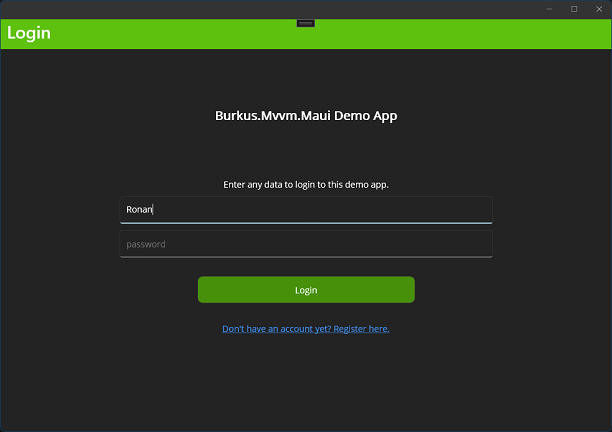 The Login page of the demo app running on WinUI