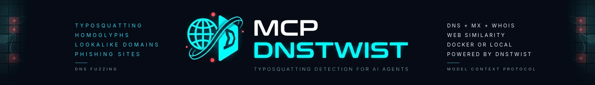 MCP dnstwist: typosquatting detection for AI agents. Find lookalike, homoglyph and phishing domains with dnstwist over the Model Context Protocol.