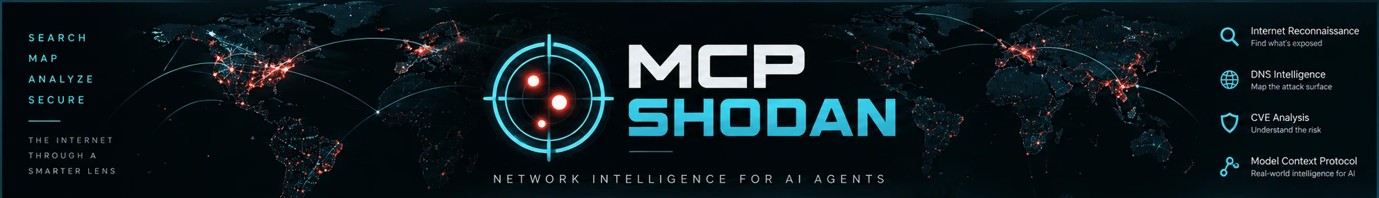 MCP Shodan: network intelligence for AI agents. Internet reconnaissance, DNS intelligence and CVE analysis over the Model Context Protocol.