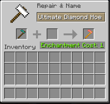 Screenshot of a diamond hoe being renamed to the packs hoe