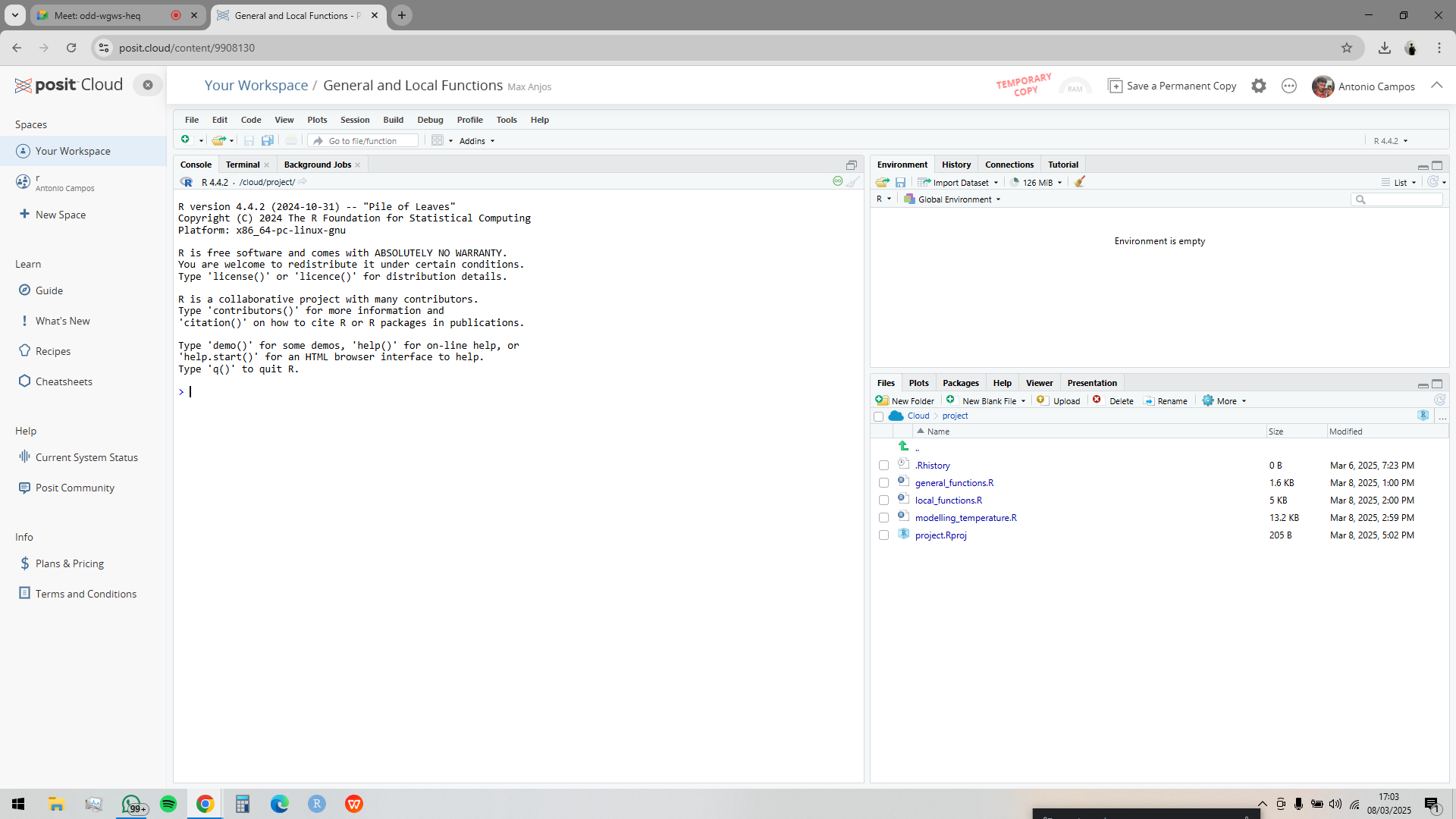 Posit Cloud workspace interface showing the LCZ4r demo project