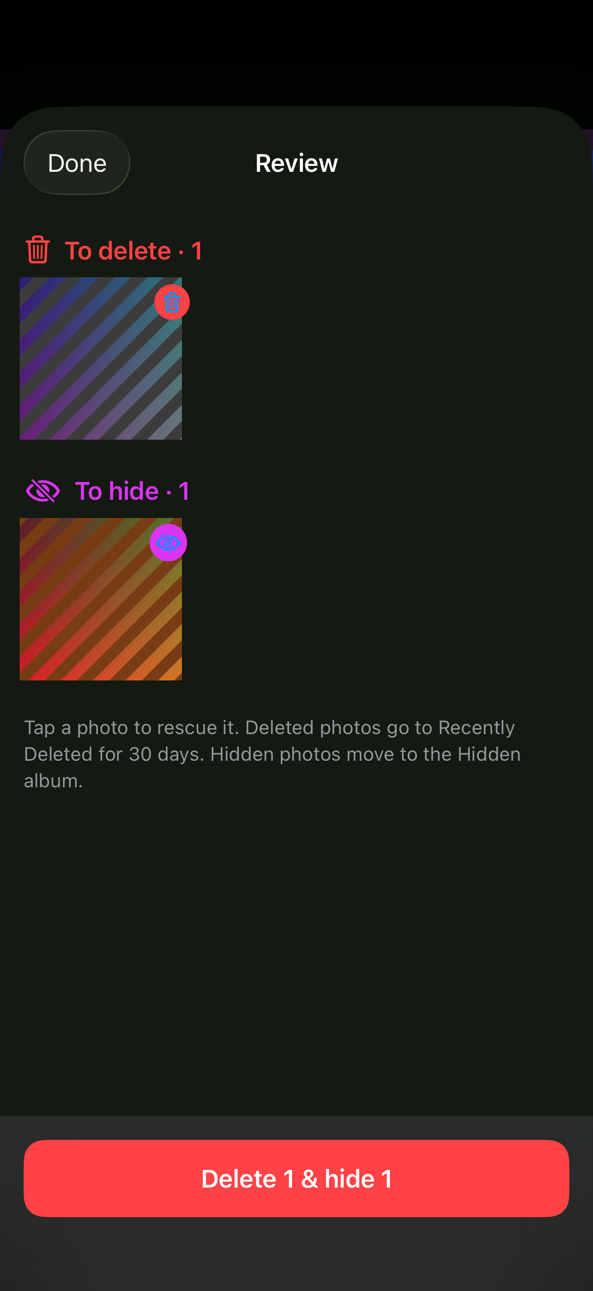 Review screen listing photos queued to delete and hide