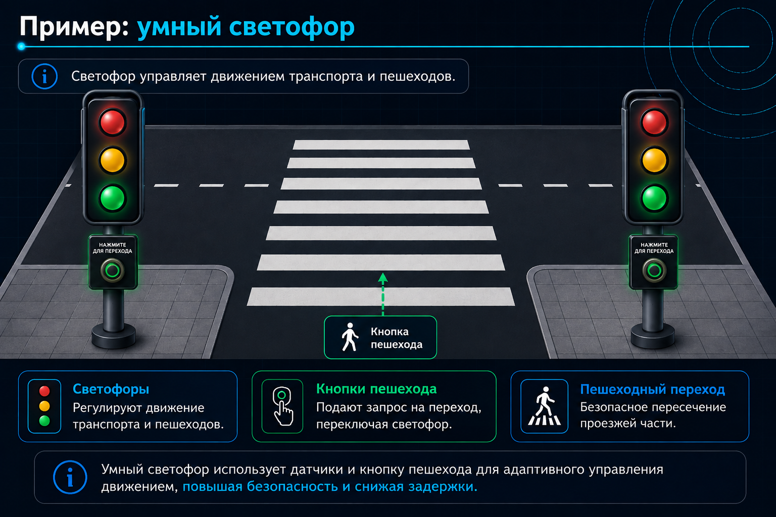 Учебный объект: пешеходный переход со светофорами и кнопками с обеих сторон.