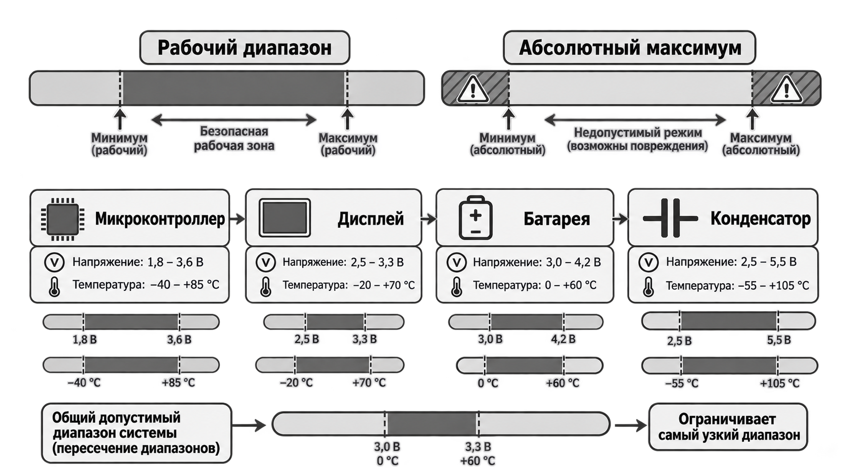 Рабочие диапазоны компонентов и ограничивающий диапазон системы