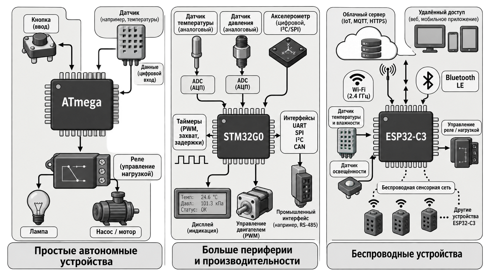 Примеры применения ATmega328P, STM32G0 и ESP32-C3