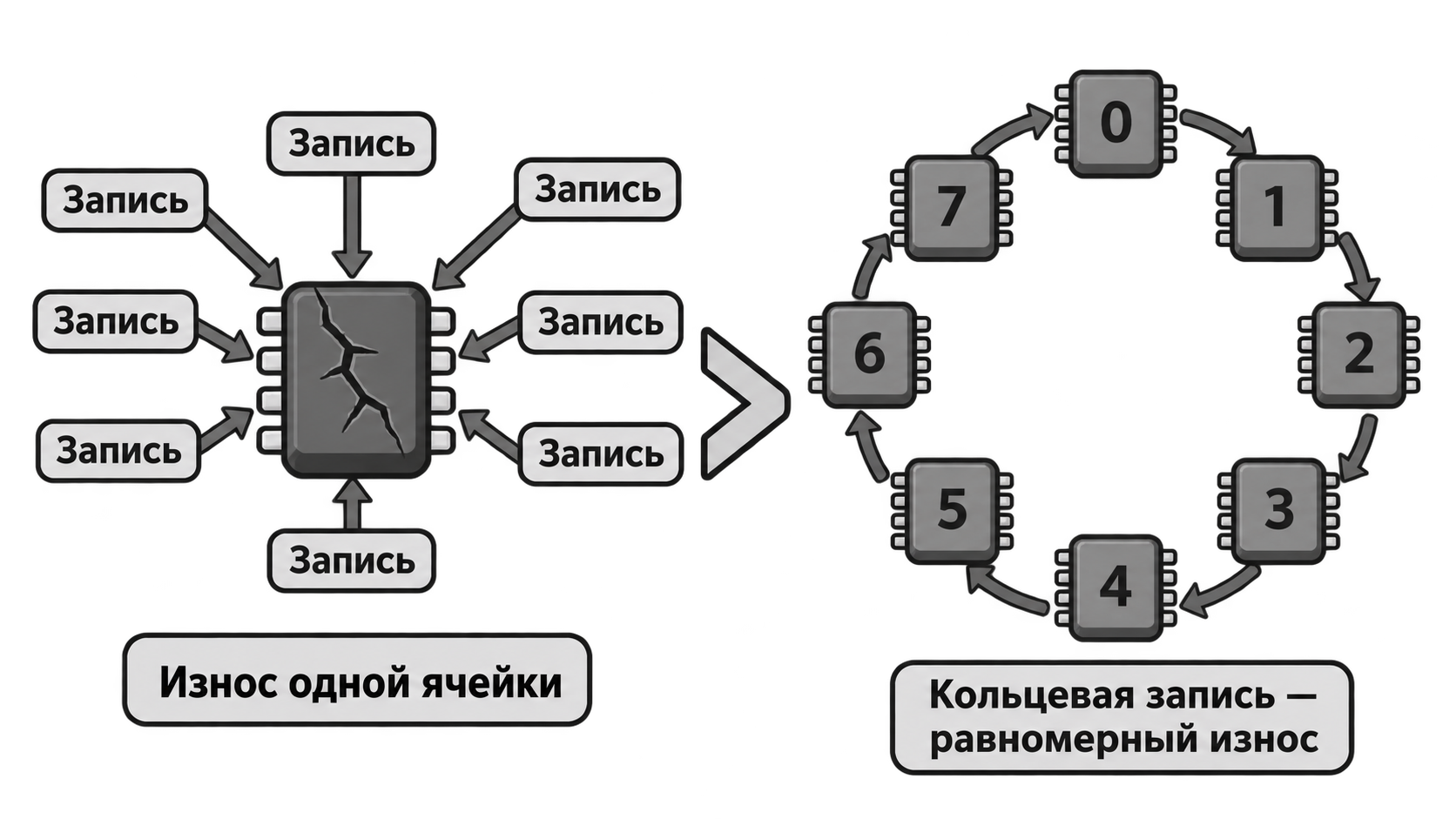 Износ одной ячейки и распределение записей по кольцу
