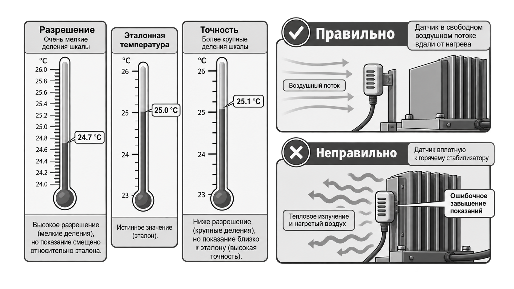 Различие разрешения и точности датчика и влияние места установки