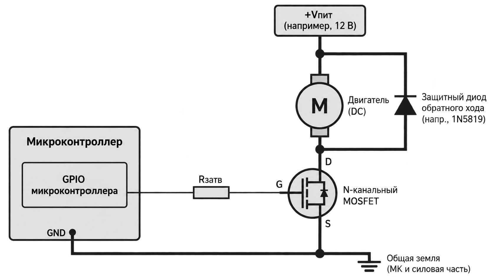 Управление двигателем с помощью MOSFET и защитного диода