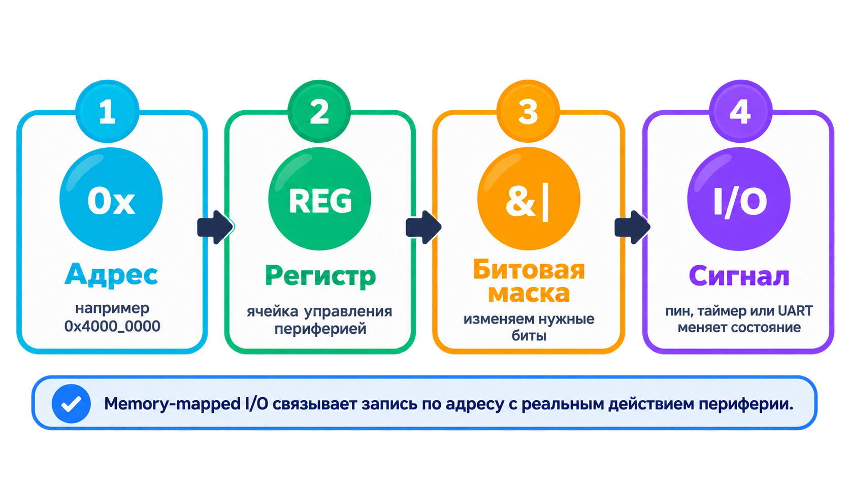 Адрес → регистр → битовая операция → физическое действие