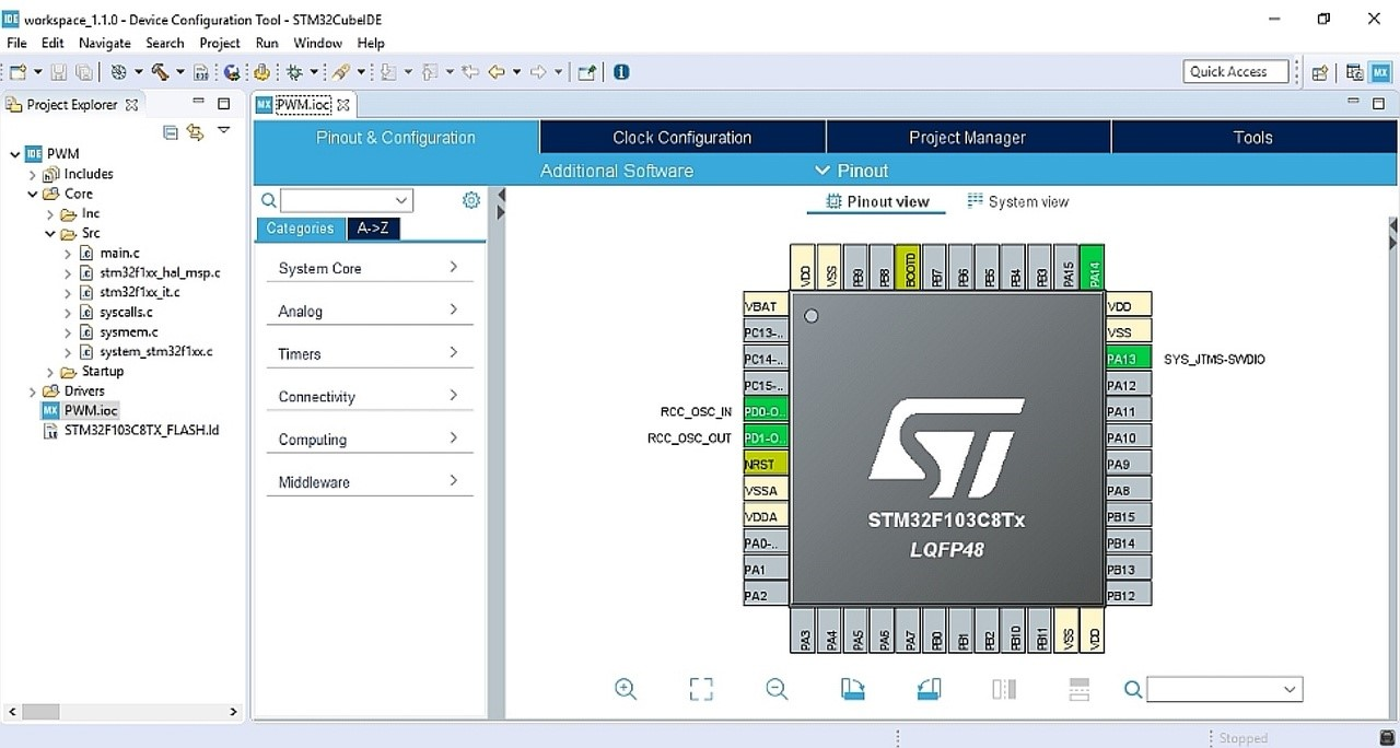 Пример графической настройки выводов STM32 в интерфейсе CubeMX