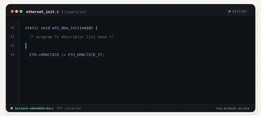 A coding agent reaches for ETH_DMATDLAR from memory; byteask reads the corpus and the line snaps to the cited ETH_DMACTXDLAR with a page citation.