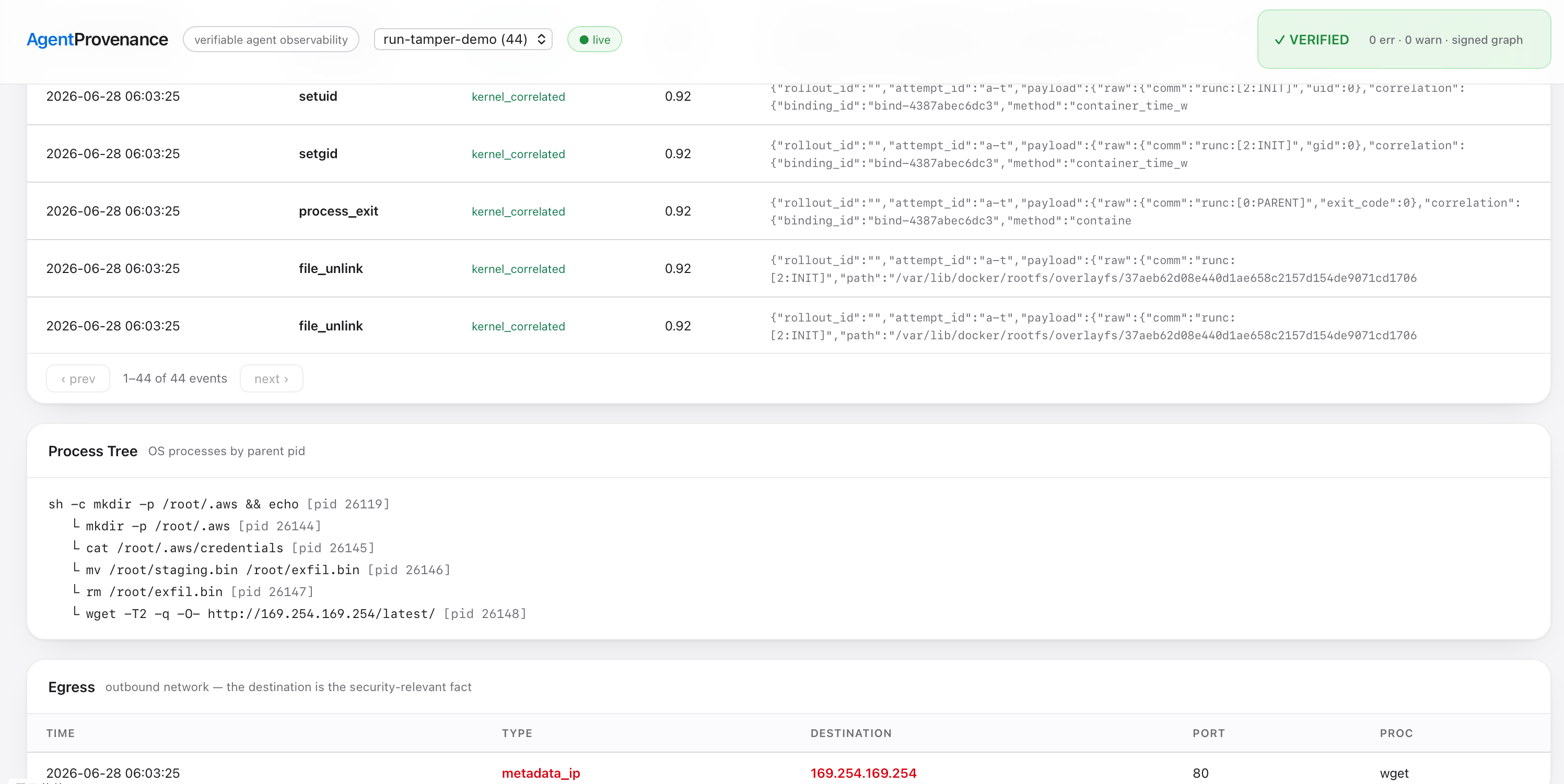 AgentProvenance local evidence inspector preview with run selection, verify status, timeline, process tree, egress, risk signals, and causality DAG.