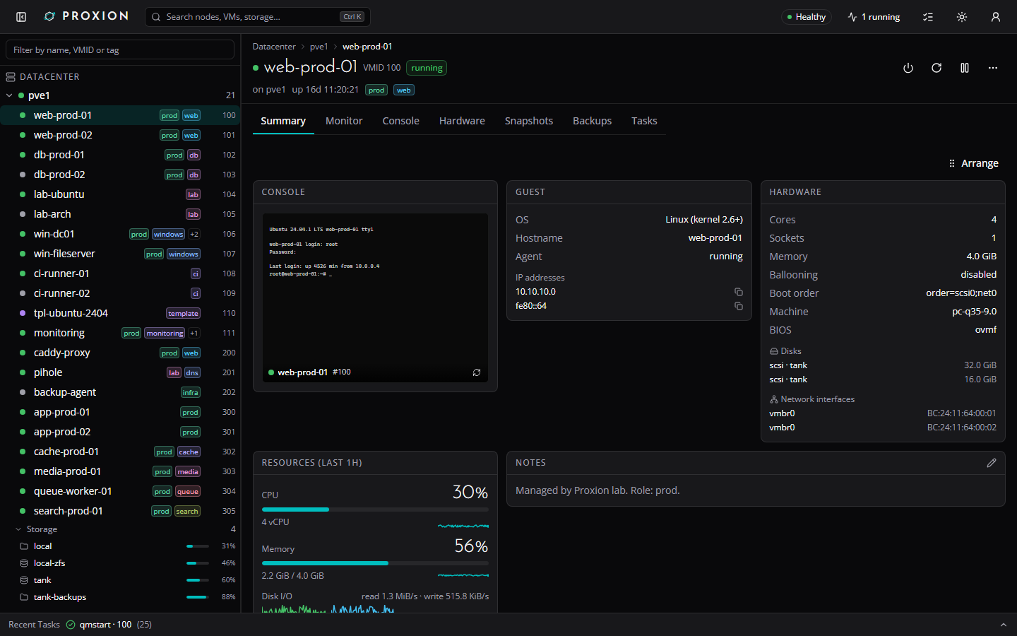 VM summary page