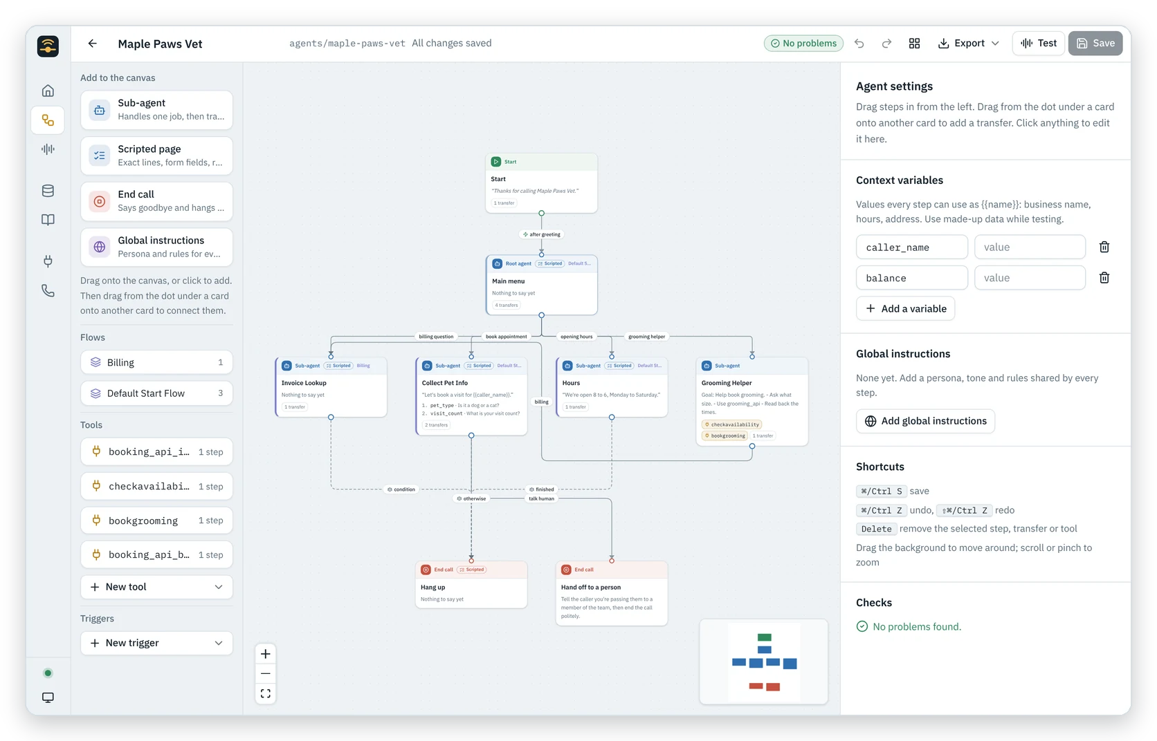 The imported agent in the builder: flows, scripted pages and a playbook