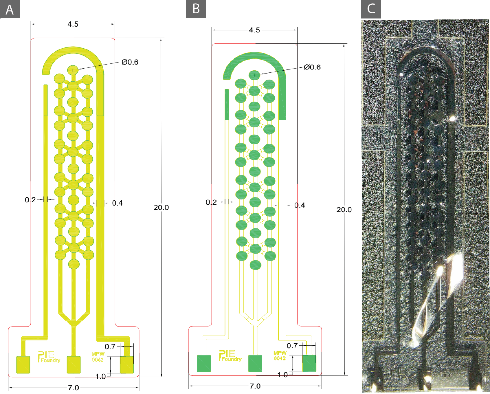 Metal deposition mask design (A), dry etching mask design (B), and a photo of the fabricated thin film parylene catecholamine sensor (C)